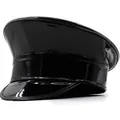 Detail shot of shiny black patent leather military cap with structured flat top and peak - L (58-60cm) / Black