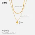 Fashionable gold layered stainless steel necklace with a round ball pendant for women - Oval Beads and Polished Ball Double Layer Style (CH549)