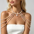 Elegant French vintage multi-layer pearl shoulder chain necklace with pendant - White (9046)