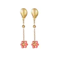 Stainless steel long dangle earrings with golden shells and red beaded flowers - Orange
