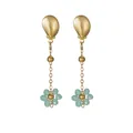 Elegant stainless steel gold shell drop earrings with pale green beaded flower detail. - Light Green