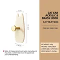 Cat-ear shaped acrylic and brass wall hook with detailed product measurements - Cat Ear Acrylic Brass Hook