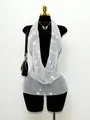 Sexy mini abito argento con scollo all'americana in rete e strass per festival e feste - S / Bianco