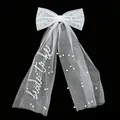 Elegant white mesh bridal bow veil decorated with pearls and cursive Bride to be text - Medium Pearl Decoration / White