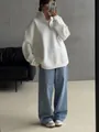 Oversize fleece lined sweatshirt with half-zip collar and loose drop shoulder design - S / White (Thin)