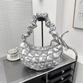 Silver metallic pleated cloud bag with quilted heart pattern and crescent moon shape - Silver