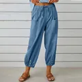 Women's blue high-waisted cotton linen cropped wide-leg pants with button details - Denim Blue
