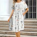 Elegant women's floral print round neck short sleeve plus size dress for spring summer - S / White