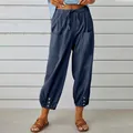 Casual high-waisted navy blue cotton linen wide-leg cropped pants with button hem - Navy Blue
