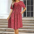 Women's summer red short sleeve round neck dress featuring a white abstract print design - S / Red Floral