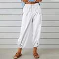 High-waist white cotton linen wide-leg cropped pants with side pockets and buttons - S / White
