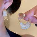 Elegant crescent mesh hoop earrings with sparkling zircons and a fine golden finish - Crescent Gold-Edged Mesh Style (E2495 Gold) / 925 Silver Needle / Gold