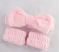 Soft pink plush microfiber bow headband and matching wristbands for face washing - Headband and Wristbands Set / Pink