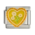 Detail macro view of stainless steel heart Italian charm with yellow flower design. - Yellow Heart with Flowers (CYL-023)