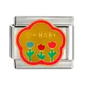 Close-up detail of stainless steel Italian charm link with OH BABY and tulips - OH BABY Floral Pattern (CYL-037)