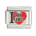 Detailed close-up view of stainless steel Italian charm with 'I MY FAMILY' heart design - I Love My Family Red Heart (CYL-005)