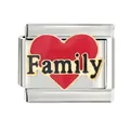 Detail of stainless steel Italian charm link featuring a red heart and Family text. - Family Red Heart Pattern (CYL-006)