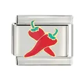 Close-up detail of stainless steel Italian charm link with red chili pepper enamel - Red Chili Pattern (CYL-012)