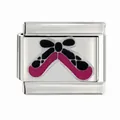 Detail view of pink ballet slippers enamel charm on stainless steel modular link - Pink Ballet Shoes (CYL-016)