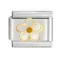 Close-up of stainless steel Italian charm with white and gold daisy flower motif - White Daisy Pattern (CYL-017)