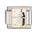 Detailed macro shot of stainless steel Italian charm featuring I Love You couple engraving - Couple Hugging Silhouette (CYL-020)