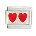 Detailed view of stainless steel Italian charm link with double red heart design - Double Red Hearts Pattern (CYL-036)