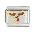Detailed close-up of a stainless steel Italian modular charm with a reindeer enamel design. - Reindeer Head Pattern (CYL-040)