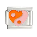 Detailed view of stainless steel heart Yin Yang enamel Italian charm link in orange pink - Orange & Pink Yin Yang Heart (CYL-07)