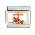 Modular stainless steel Italian charm link featuring a red cross and floral enamel detail - Red Cross Flower (CYL-038)