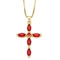Elegant gold-plated cross necklace with vibrant red marquise cubic zirconia stones. - Red