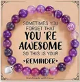 Purple stone beaded bracelet with heart charm on a 'You're Awesome' gift message card - Purple Striped Message Style (With Card)