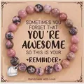 Pink zebra stone beaded heart charm bracelet presented on a motivational gift card - Striped Heart Message Style (With Card)