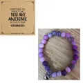 Purple beaded bracelet with heart charm and awesome reminder card for gift - Purple Striped Stone Heart Style (With Card)