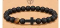 Handmade black matte stone bead bracelet featuring tiger eye and a cross charm for men - Matte Tiger Eye Cross Style