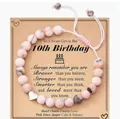 Handmade pink zebra jasper beaded bracelet with heart charm on 10th birthday card - Birthday Pink Zebra Stone Braided Style (With Card)