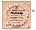Handmade adjustable pink zebra stone heart charm bracelet for a girl's 9th birthday - Birthday Braided Style (With Card)
