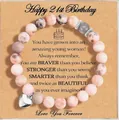Pink zebra stone beaded bracelet with heart charm on a 21st birthday message card - Birthday Pink Zebra Heart Style