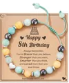 Adjustable handmade beaded bracelet with heart charm on a 8th birthday gift card. - Birthday Braided Green and Yellow Style