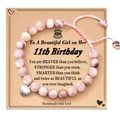 Pink zebra jasper stone heart bracelet with 11th birthday message card on kraft - Birthday Braided Pink Zebra Heart Style