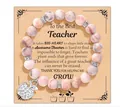 Pink marble stone teacher appreciation bracelet with silver apple charm on gift card - Pink Zebra Apple Pendant Style