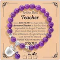 Purple beaded teacher appreciation bracelet with silver apple charm and themed gift card. - Purple Apple Pendant Style (With Card)
