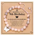 Adjustable pink and grey zebra stone beaded bracelet for a girl's 9th birthday gift - Pink Zebra Butterfly Message Style (With Card)