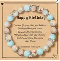 Handmade blue and zebra stone beaded bracelet presented on a Happy Birthday gift card - Shoushan Stone Spacing Message Style (With Card)