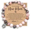 Pink Zebra Jasper beaded bracelet with footprint charm and New Mom sentimental gift card - Foot Pendant Message Style (With Card)