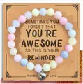 Handmade pastel beaded bracelet with silver heart charm on inspirational gift card - Morganite Heart Message Style (With Card)