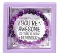 Purple stone beaded bracelet with You're Awesome message card in a purple gift box - Purple Striped Message Gift Box Style (With Card)