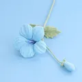 Handmade light blue crocheted flower with green leaf and bud for gift decoration - Trumpet Creeper Branch (Meng Si) / Dark Blue