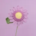 Handmade purple crocheted flower with yellow center and green leaf on a long stem - Purple-14 Petals Single-layered Seeded Sunflower Stem