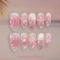 Unghie press-on a mandorla rosa fatte a mano con fiori 3D e ciondoli a farfalla - Stile Floreale Farfalla 3D Sogno Luminoso (3XB1-14536)