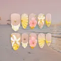 Unghie finte a mandorla artigianali con conchiglie 3D e fiori rosa stile spiaggia - Stile Fiore Stella Marina Spiaggia Estiva (3XB1-14538)